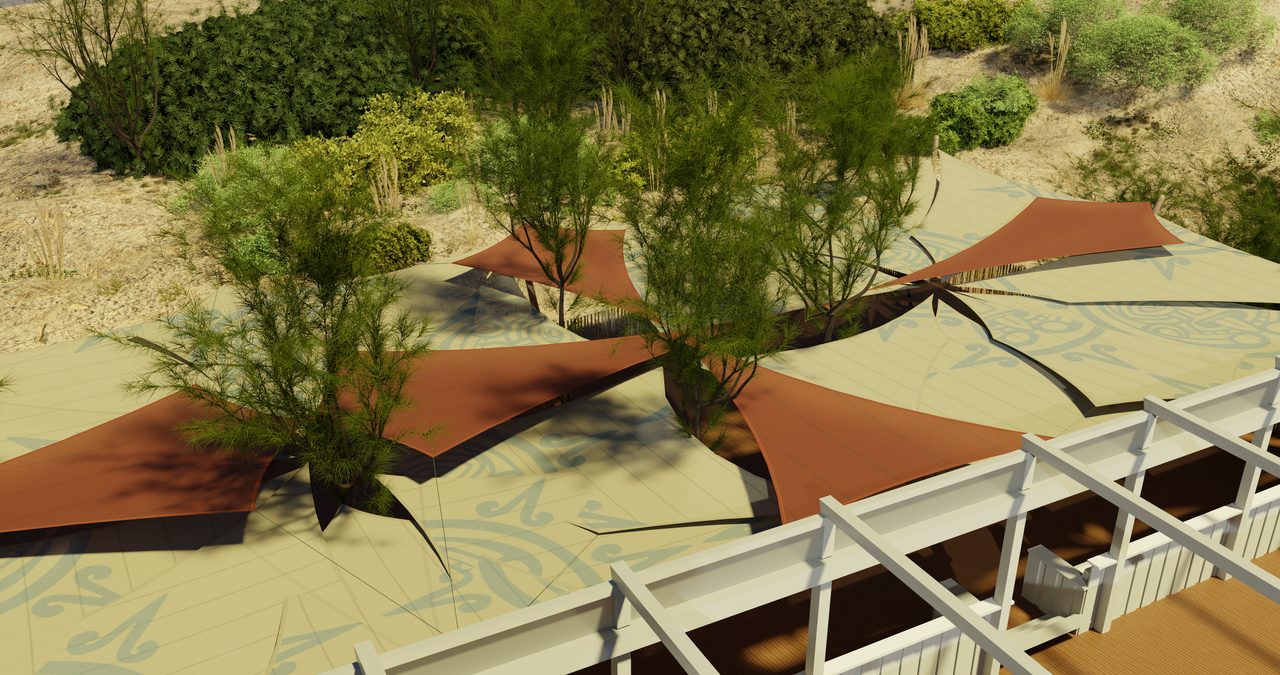 Étude : voiles terre cuite entre les arbres, plage