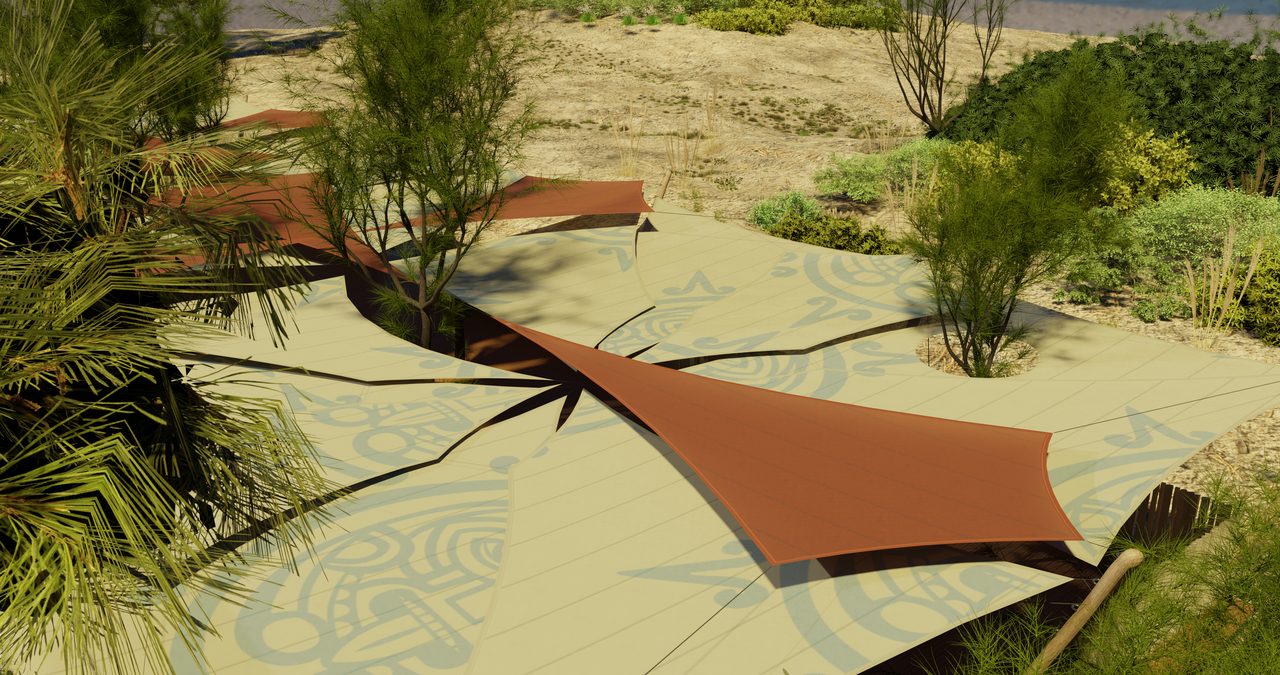 Étude : voiles terre cuite entre les arbres, plage