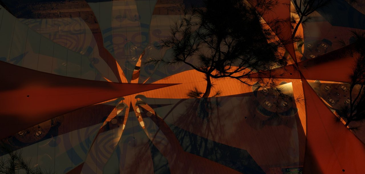 Étude : voiles terre cuite entre les arbres, plage