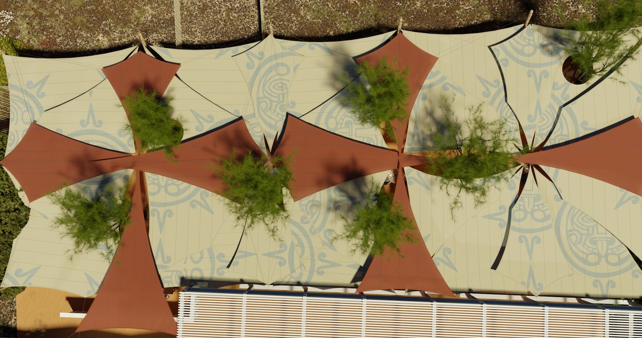 Étude : voiles terre cuite entre les arbres, plage