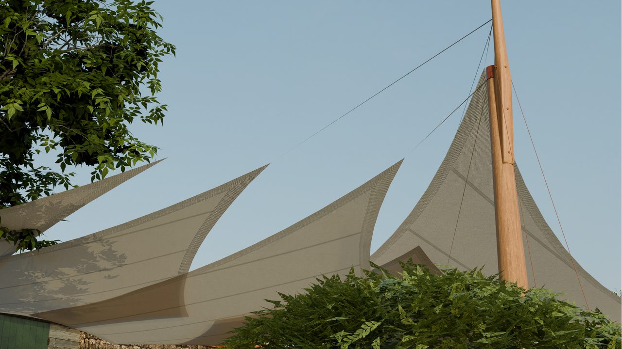 Étude : voiles sable sur mâts de bois, domaine viticole