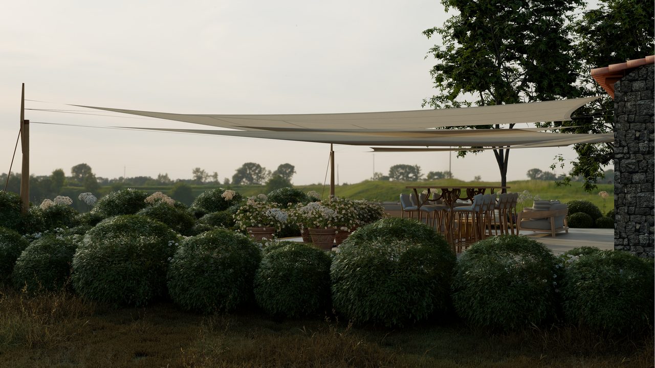 Étude : voiles sable sur mâts de bois, domaine viticole